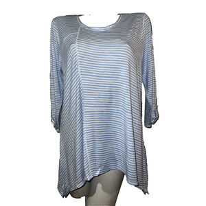 Zenergy by CHICO'S Top Size L (2) Blue Wht Striped Seam Detail 3/4 Sleeve Tunic